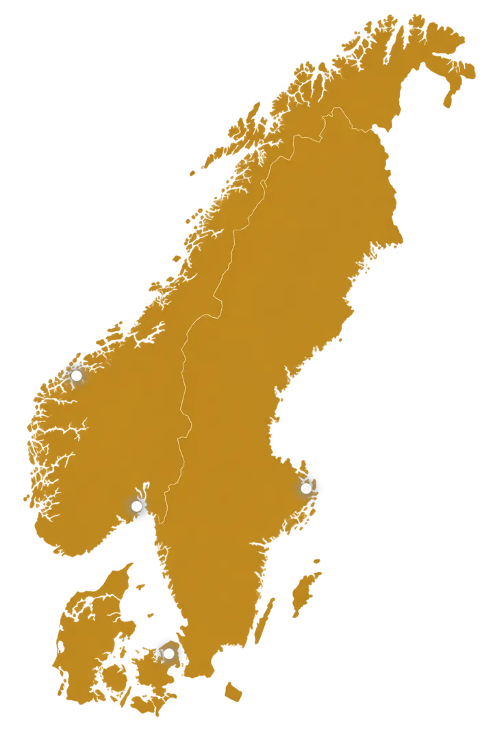 Kart over Skandinavia med lokasjonene til Sundal Yacht og Fair Marin